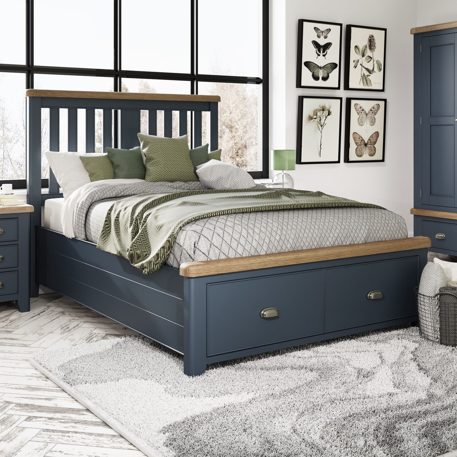HOP Blue Bed with slatted Headboard and Drawer Footboard 4'6